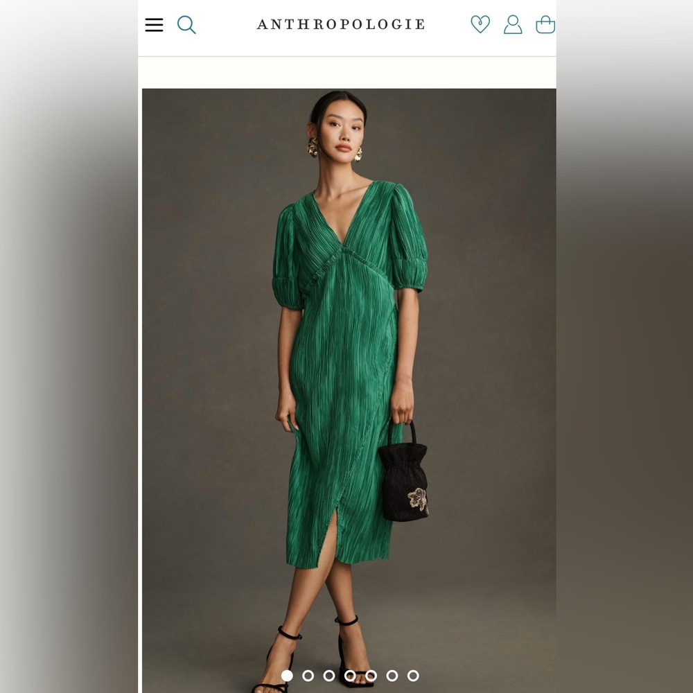 V neck pleated midi dress green